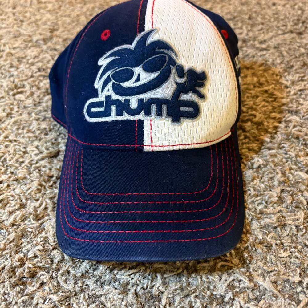 Vintage Chump Embroidered Logo Baseball Cap Hat Navy Blue White Mesh Red Stitchi